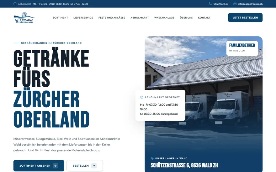 Bildschirmaufnahme der Startseite von Egli & Tessari AG, Getränkehandel