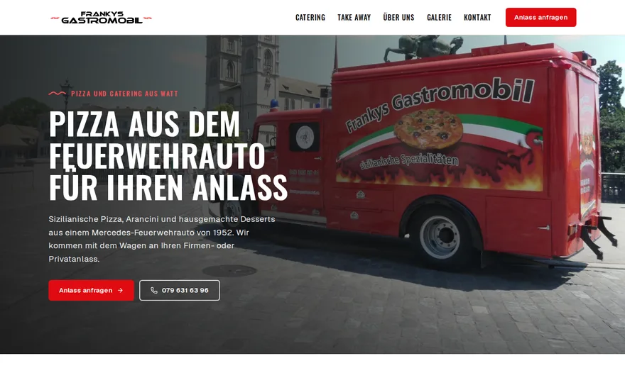 Bildschirmaufnahme der Startseite von Frankys Gastromobil, Imbiss und Catering